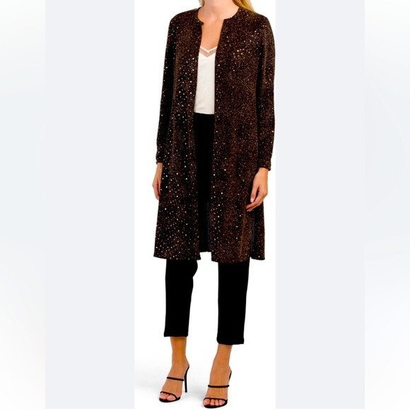 Ann Klein Black Sequin Formal Evening Jacket Cardigan Women Large Oversized Long - Picture 1 of 8